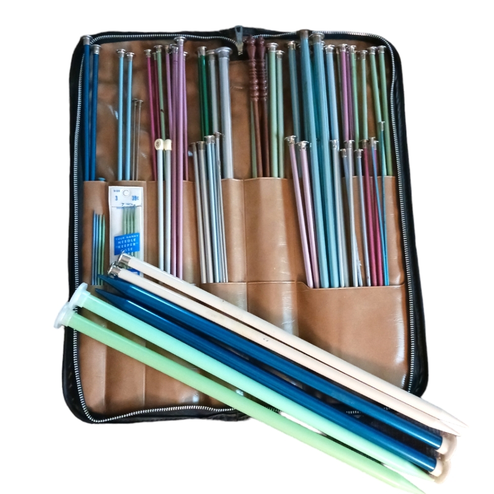 vintage Lot of Knitting needles in vintage Swift zip case